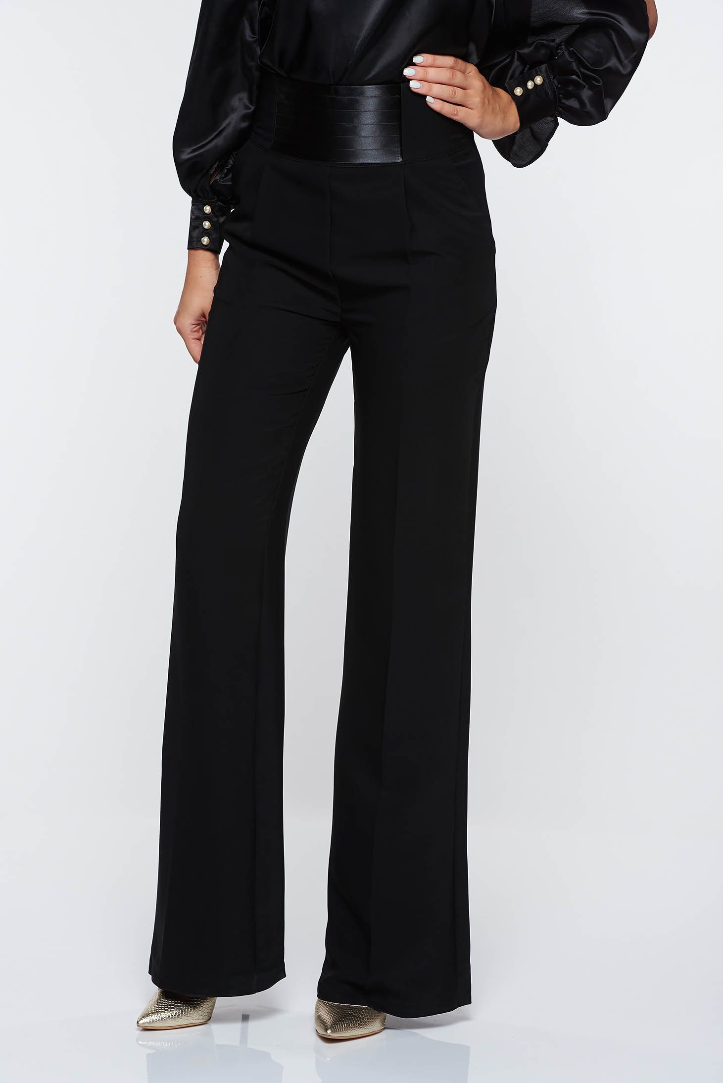 PrettyGirl black trousers elegant high waisted flared with pockets