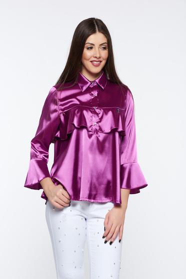 MissQ purple women`s blouse elegant from satin fabric texture with easy cut with ruffles on the chest