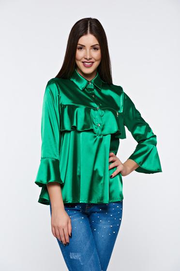 MissQ darkgreen women`s blouse elegant from satin fabric texture with easy cut with ruffles on the chest