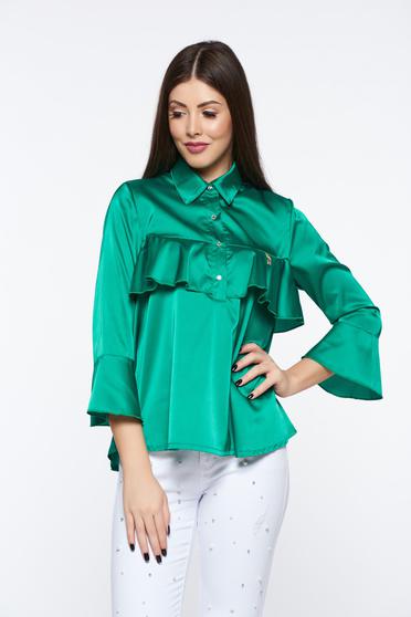 MissQ green women`s blouse elegant from satin fabric texture with easy cut with ruffles on the chest