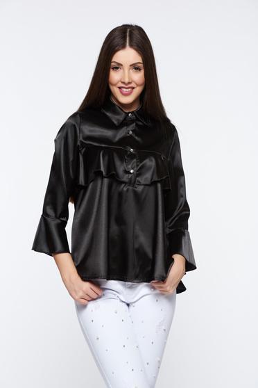 MissQ black women`s blouse elegant from satin fabric texture with easy cut with ruffles on the chest