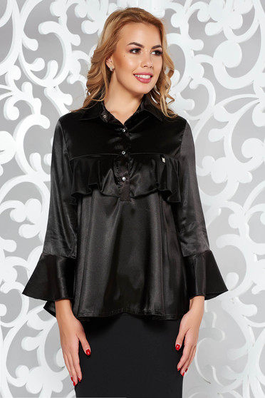 MissQ black women`s blouse elegant from satin fabric texture with easy cut with ruffles on the chest