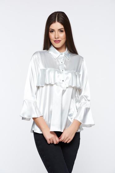 MissQ white women`s blouse elegant from satin fabric texture with easy cut with ruffles on the chest