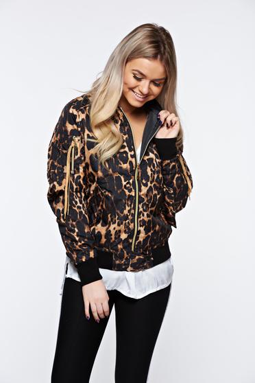 MissQ brown jacket casual embroidered with zipper details pockets