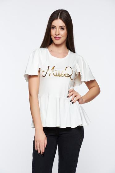 MissQ white casual women`s blouse from elastic and fine fabric with print details with ruffle details