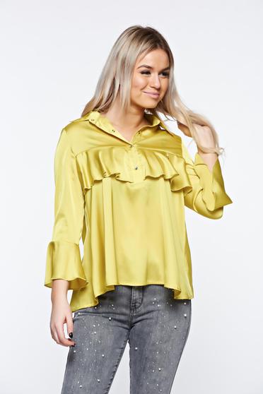 MissQ mustard women`s blouse elegant from satin fabric texture with easy cut with ruffles on the chest