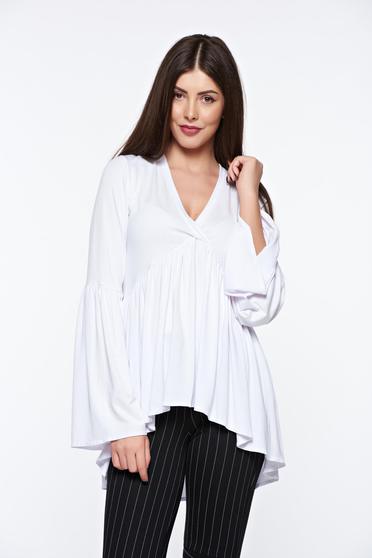 MissQ white women`s blouse casual asymmetrical with v-neckline with ruffle details