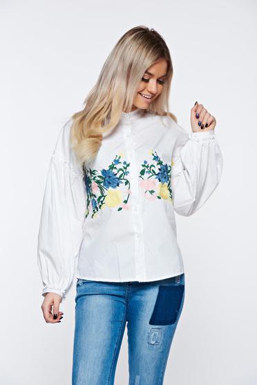 White women`s shirt casual cotton embroidered with puffed sleeves