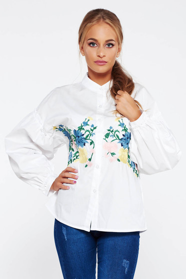 White women`s shirt casual cotton embroidered with puffed sleeves