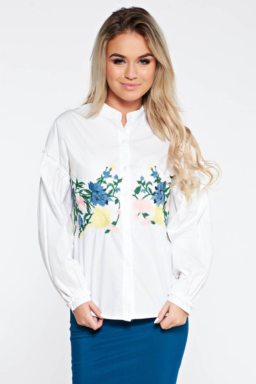 White women`s shirt casual cotton embroidered with puffed sleeves