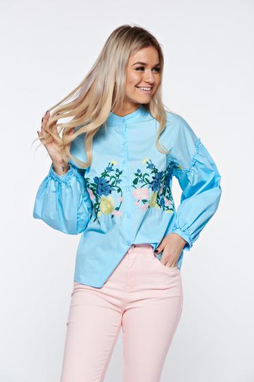 Blue women`s shirt casual cotton embroidered with puffed sleeves