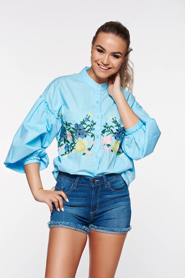 Blue women`s shirt casual cotton embroidered with puffed sleeves