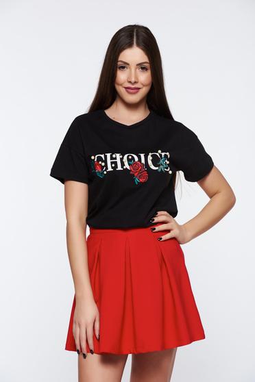 Black t-shirt casual embroidered elastic cotton with pearls