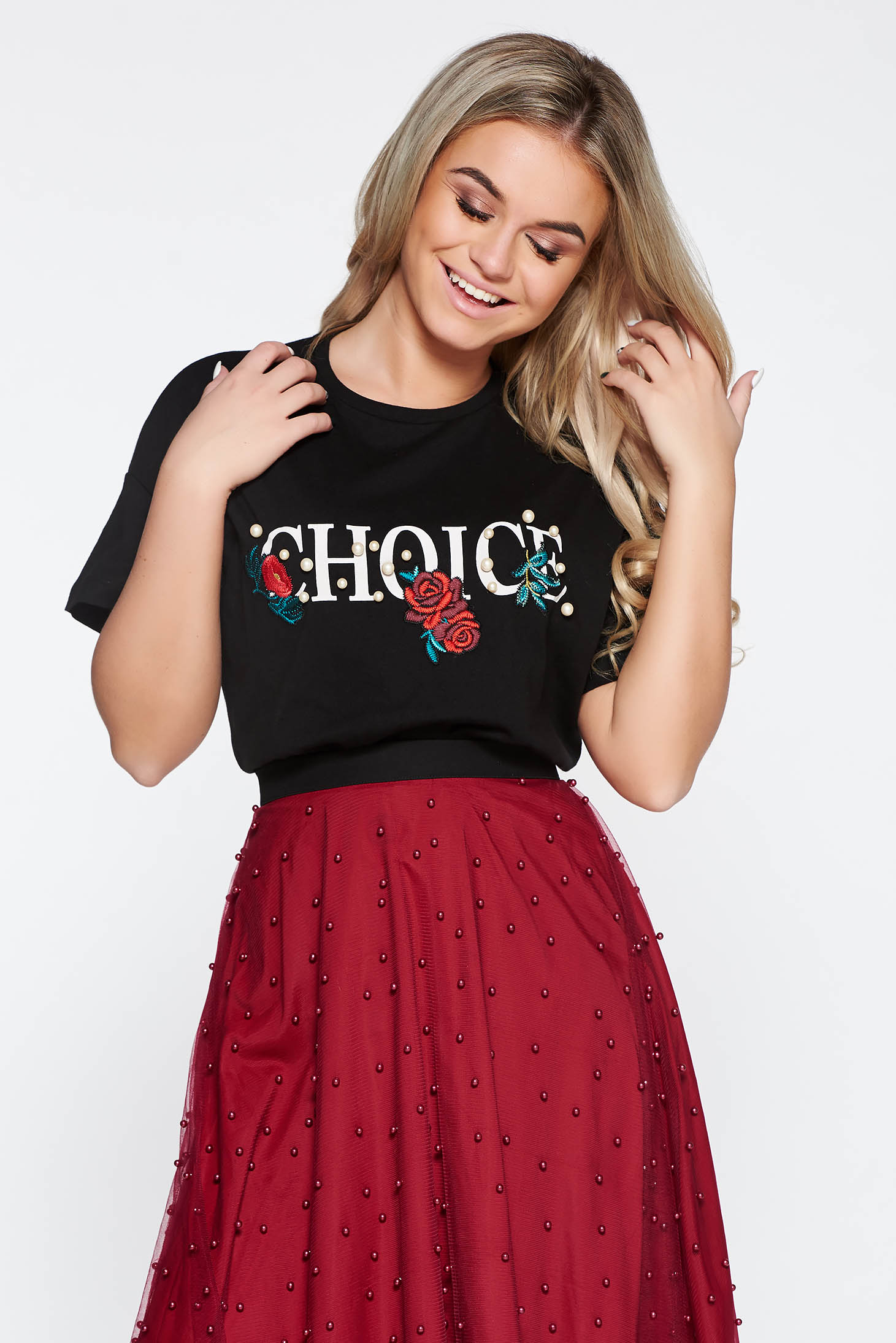 black t shirt with red writing