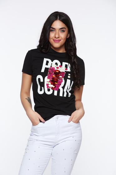 Black casual t-shirt with easy cut slightly elastic cotton with sequin embellished details
