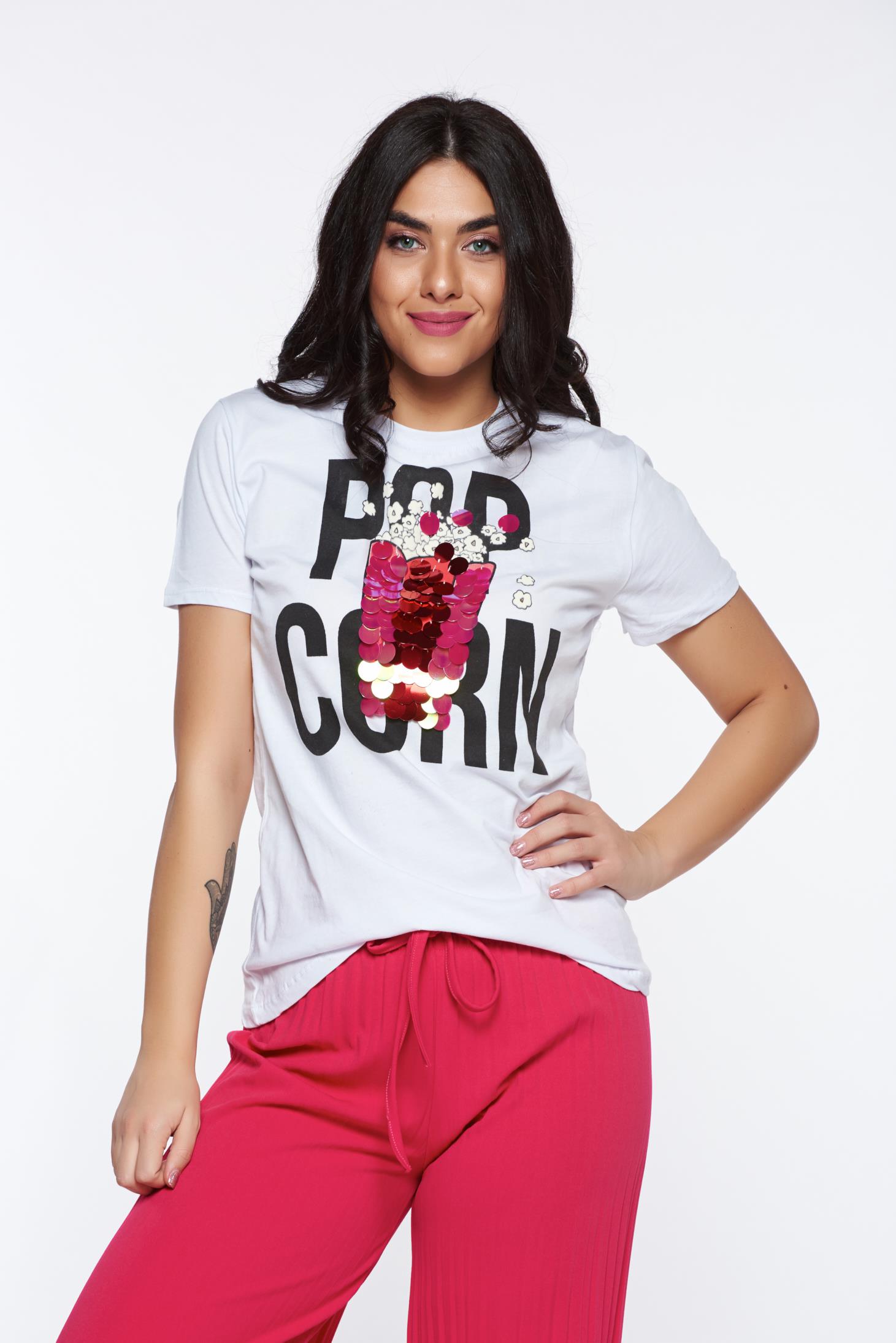 White casual t-shirt with easy cut slightly elastic cotton with sequin embellished details 1 - StarShinerS.com