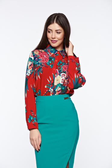 Red women`s shirt casual cotton flared long