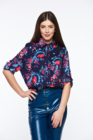 Darkblue women`s shirt casual cotton flared long