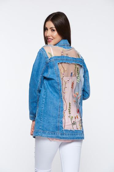 Blue jacket casual cotton from tulle embroidered with pockets