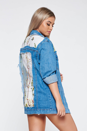 Blue jacket casual cotton from tulle embroidered with pockets
