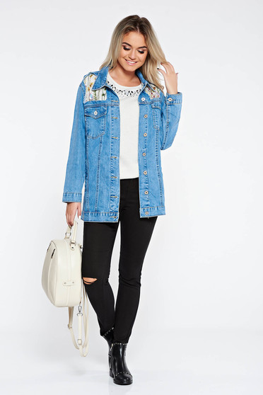 Blue jacket casual cotton from tulle embroidered with pockets