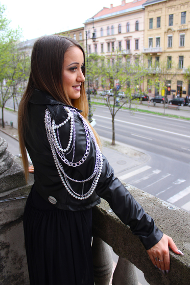 Ocassion black jacket casual from ecological leather with inside lining metallic chain accessory with pearls