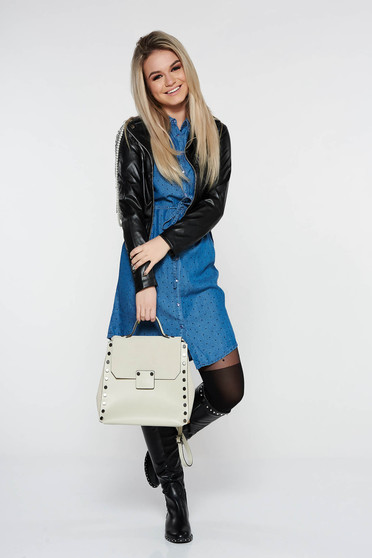 Ocassion black jacket casual from ecological leather with inside lining metallic chain accessory with pearls