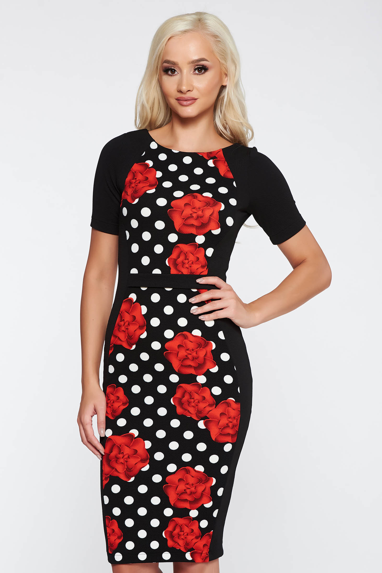 Rochie StarShinerS neagra office tip creion din material usor elastic cu print