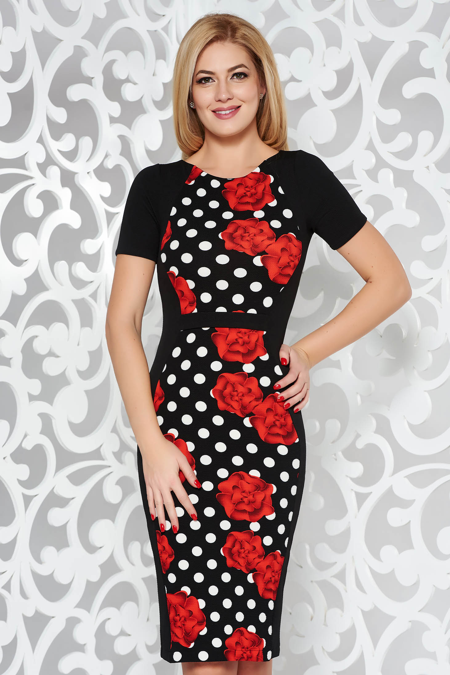 StarShinerS black office pencil dress slightly elastic fabric with print details