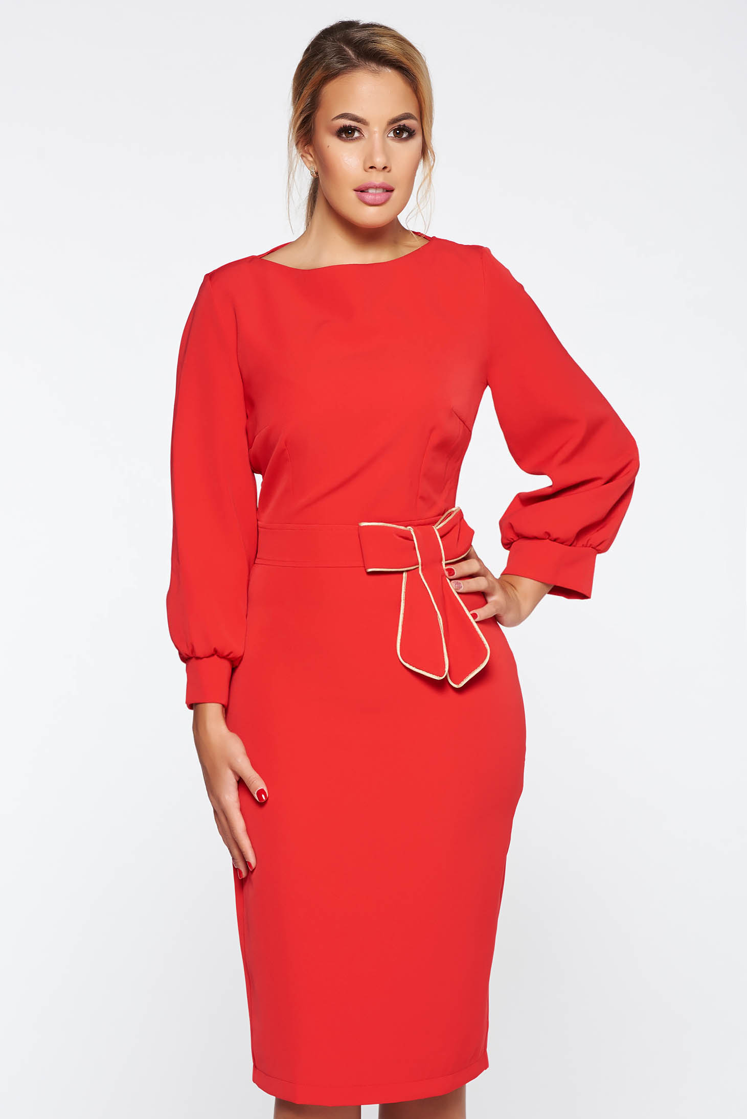 PrettyGirl red dress with bow elegant pencil slightly elastic fabric