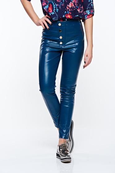 PrettyGirl blue casual conical high waisted trousers from ecological leather