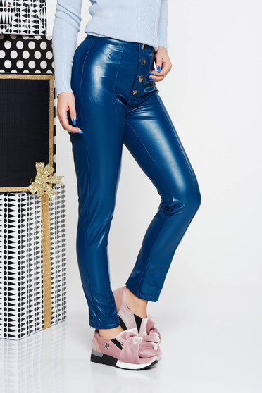 PrettyGirl blue casual conical high waisted trousers from ecological leather
