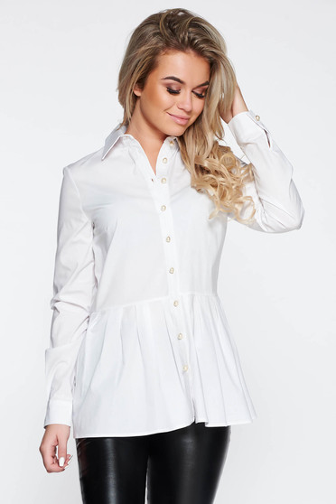 PrettyGirl white casual women`s shirt cotton with easy cut with frilled waist