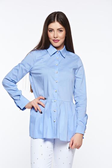 PrettyGirl lightblue casual women`s shirt cotton with easy cut with frilled waist