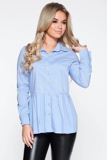 PrettyGirl lightblue casual women`s shirt cotton with easy cut with frilled waist