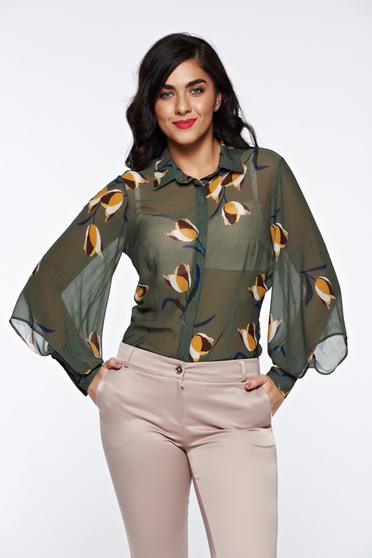 PrettyGirl khaki elegant women`s shirt transparent chiffon fabric with easy cut