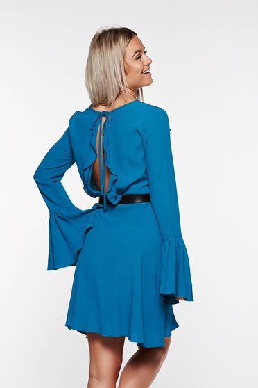 PrettyGirl turquoise dress bare back voile fabric with bell sleeve with inside lining
