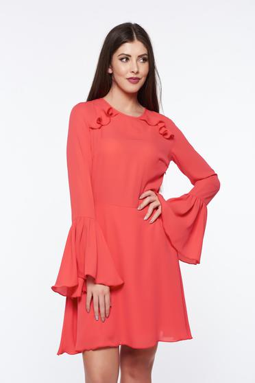 PrettyGirl coral dress bare back voile fabric with bell sleeve with inside lining