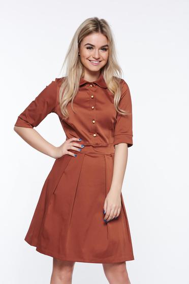 PrettyGirl brown office cloche dress slightly elastic fabric with round collar