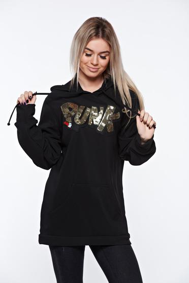Ocassion black casual coat with easy cut with undetachable hood with front pockets with sequin embellished details