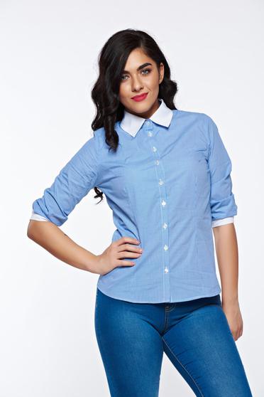 PrettyGirl blue office women`s shirt nonelastic cotton with pointed collar