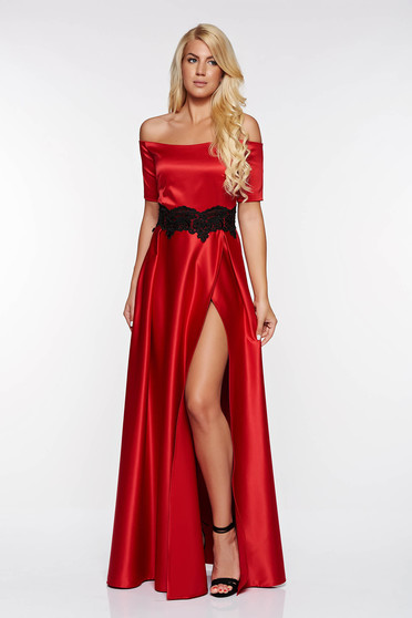 Artista red occasional cloche dress from satin fabric texture with lace details