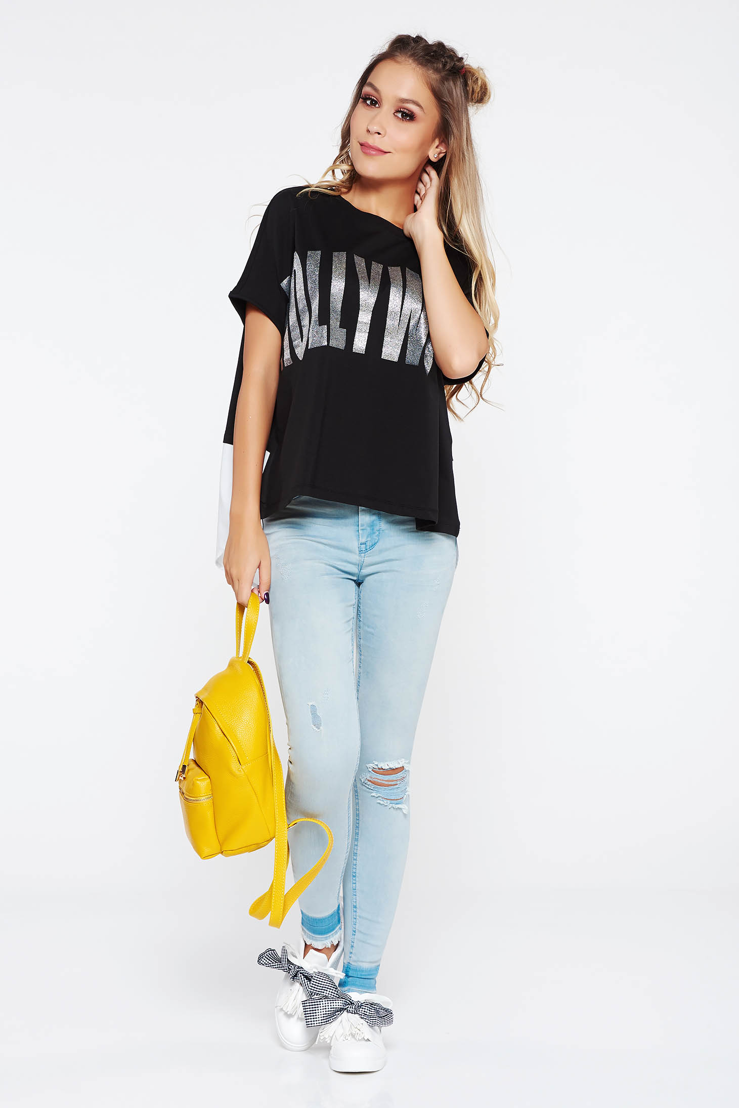 Blugi MissQ albastri deschis casual skinny din bumbac cu rupturi cu talie medie si buzunare