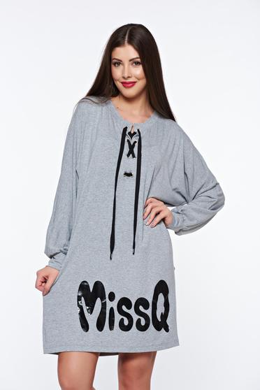 MissQ grey dress casual flared from elastic fabric with laced details