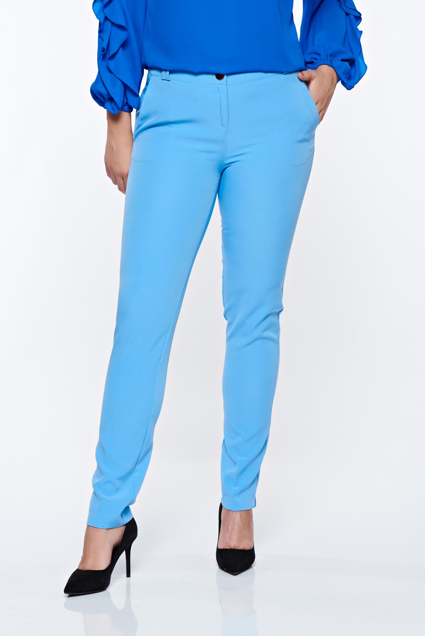 PrettyGirl lightblue elegant conical trousers with medium waist with pockets slightly elastic fabric 1 - StarShinerS.com