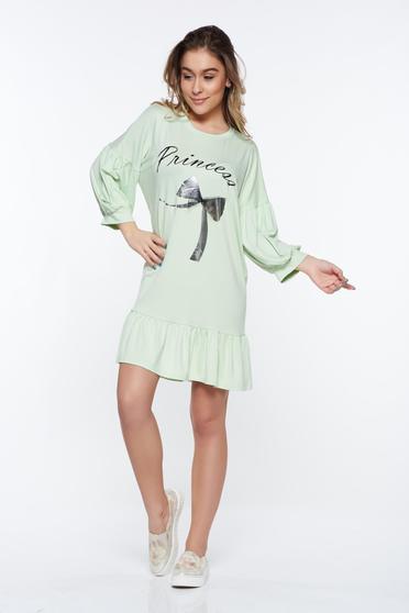 Lightgreen casual dress with easy cut from elastic fabric with ruffles at the buttom of the dress
