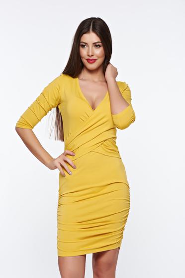 MissQ mustard dress casual from elastic fabric with v-neckline wrap around