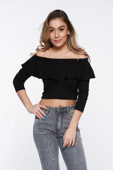 MissQ black casual short women`s blouse from elastic fabric off shoulder