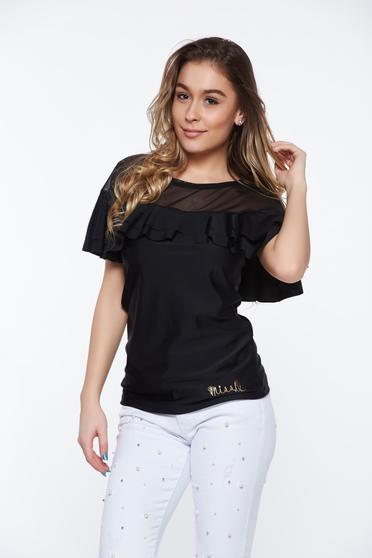 MissQ black casual women`s blouse with tented cut from elastic fabric with ruffle details