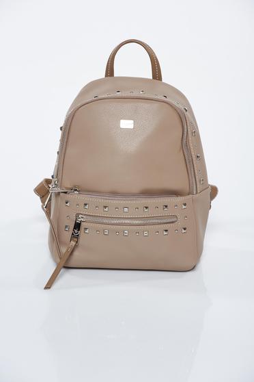 Cream casual backpacks with metallic spikes from ecological leather